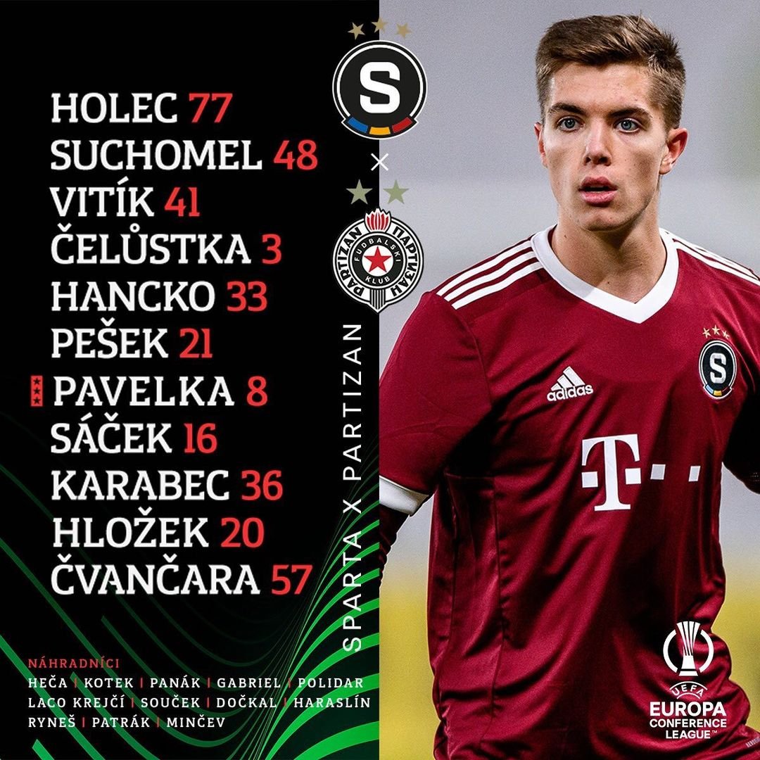 1️⃣1️⃣ SESTAVA | Do zápasu proti Partizanu nastupujeme ve složení:

? Holec - Suchomel, Vitík, Čelůstka, Hancko - Pešek, Pavelka, Sáček, Karabec, Hložek - Čvančara.

Zdraví do hry nepustí Højera, Pulkraba, Juliše, LK37, Nitu a kvůli disciplinárnímu trestu chybí Wiesner. #acsparta